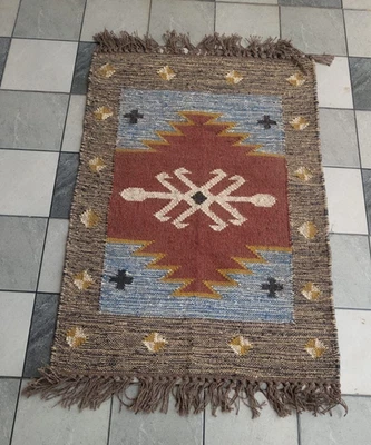 Vintage Handmade Rug Wool Jute Accent Kilim Carpet Living Room Hallway Area Rugs - Image 1 of 4
