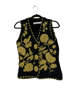 Chaleco Suéter Michael Simon Para Mujer Negro Dorado Diseño Floral Tejido Cuello en V Talla? - Imagen 1 de 8