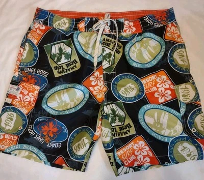 Caribbean Joe Island Supple Co. Surf Shorts Size Lg Patch Travel Sticker Style  - Image 1 of 4