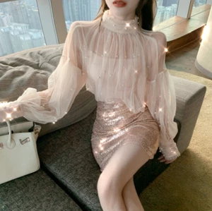 Women Mesh Tops Sexy Sheer See Through Transparent Blouse Long Sleeve loose fit - Picture 1 of 6