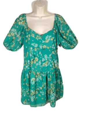 ASOS Women Size 8 Green Yellow Mini Dress Floral Puff Sleeve Drop Waist Lined - Image 1 of 4