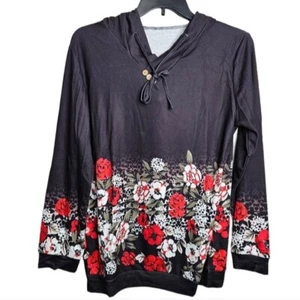 Women's Black Floral Print Hoodie Pocket Pullover NWOT Size Large - Picture 1 of 9