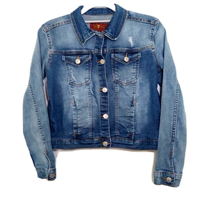 7 For All Mankind Girls Jacket L Denim Trucker Distressed Flap Pockets Stonewash - Picture 1 of 13