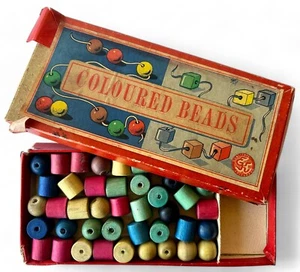 Vintage EK QUALITY TOYS lacing threading wooden beads boxed 1950's GERMANY - Bild 1 von 8
