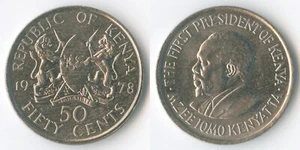 Kenya 1978 50 Cents KM# 13 Cu-Ni Coat of Arms Lions Shield Mzee Jomo Kenyatta - Picture 1 of 3