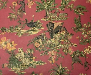 THIBAUT INDIAN CHINTZ WINE RED ELEPHANT TIGER MONKEY COTTON FABRIC BY YARD 54"W - Picture 1 of 7