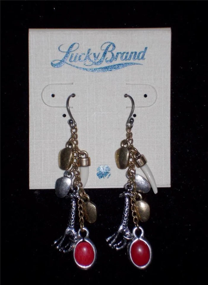 BRINCOS GIRAFA PEDRA VERMELHA ESTILO GANCHO PENDURADO PRATA E DOURADO MARCA DA SORTE - Imagem 1 de 1