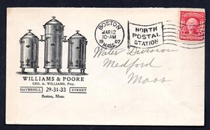 US 1907 ADVERTISING WILLIAMS & POORE BOSTON COVER TO MEDFORD, MASS. - Picture 1 of 2
