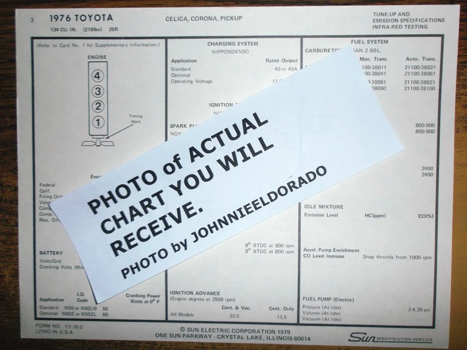 Toyota Four Series 1976 Celica Corona pick up 134 CI (2189cc) 20R tabla de puesta a punto Foto 1 de 1