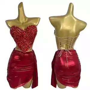 Sparkly Red Diamonds Top Skirt 2Pcs Set Party Nightclub Stage Outfit Show Wear - Picture 1 of 7