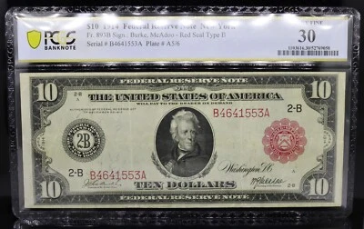 1914 $10 FRN New York Red Seal Type B Fr#893B Burke/McAdoo PCGS VF30 - Image 1 of 2