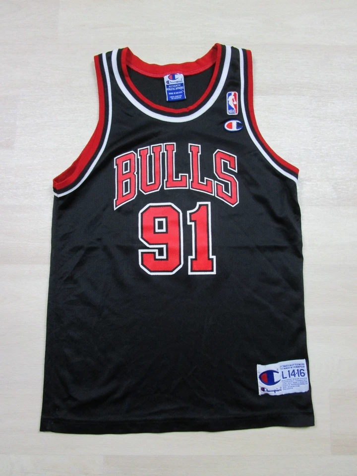 Camiseta De Colección Dennis Rodman Juvenil Grande 14-16 Chicago Bulls #91 Campeón Negra Foto 1 de 4