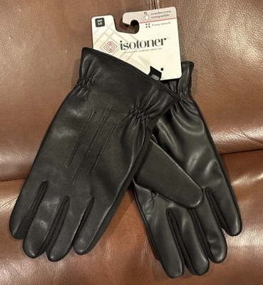 Isotoner Men's Gloves SmarTouch Black Faux Leather Touchscreen Size L NEW - Image 1 of 4