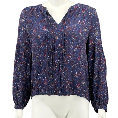 Lucky Brand Top Womens Small Blue Red Paisley Pleats Hi Lo Sheer Boho Peasant - Image 1 of 4