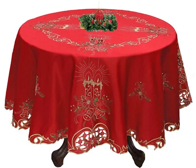 Holiday Christmas Poinsettia Bell Candle Tablecloth With Napkins RED GOLD  - Image 1 of 4
