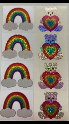 MRS. GROSSMAN’S Hambly Studios Lot Of2 Strips Glitter Prismatic TEDDY BEAR W/ HEART& RAINBOWS