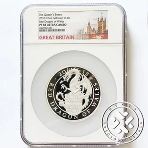 2018 NGC PF 68 ULTRA CAMEO 10 OZ SILVER PROOF COIN QUEEN BEASTS RED DRAGON - Picture 1 of 6
