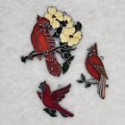 Lot 3 Vtg Cardinal Faux Stained Glass Suncatchers Hanging Bird Red Flowers