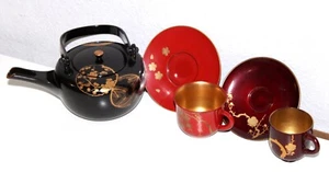 Japanese Fukagawa Teapot Tea Cups Wood Lacquer Ware LOT Hand Painted Signed - Picture 1 of 6