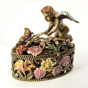 Bejeweled cherub and butterfly trinket box, figurine with crystals antique brass - Picture 1 of 7