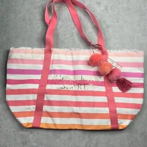 Victorias Secret Logo Leinwand Strandtasche Weekender Tragetasche offen Bommel Quaste rosa - Bild 1 von 8