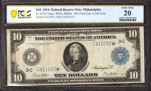 1914 $10 FEDERAL RESERVE STAR NOTE FR.915a* PHILADELPHIA PCGS 20 VERY FINE (697* - Picture 1 of 2