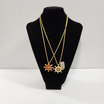 Two Necklaces Gold Toned  Red And A White Sailors Boat Steering New - Image 1 of 4