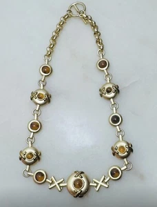 Vintage Brushed Gold Tone Necklace with Amber Colored Cabochons Toggle Closure - Picture 1 of 4