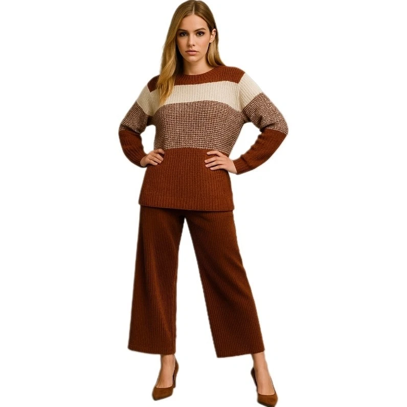 Brown White Striped Textured Knit Pullover Sweater Women’s M Cozy Fall Chunky Foto 1 de 4