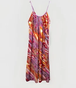 Natori Slip Dress Colorful Bright Print Satin Spaghetti Strap Nightgown Womens L - Picture 1 of 6