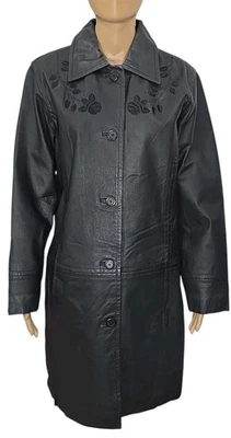 De Colección G-iii Años 80 Cuero Negro Largo Plumero Chaqueta Gabardina Bordada Mujer Talla M Foto 1 de 4