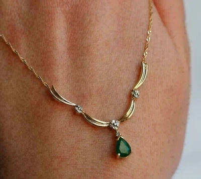 Emerald Lab Created 2.0Ct Pear Cut Women's Necklace 14K Yellow Gold Plated - Image 1 of 4