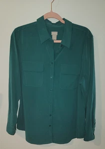 Chico’s Women’s Sz 2 (L 12/14) Green Long Sleeve Button Front Modal Shirt Blouse - Picture 1 of 6