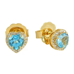 Heart Sahpe Blue Topaz With Diamond 14k Solid Yellow Gold Earrins For Women - Picture 1 of 7