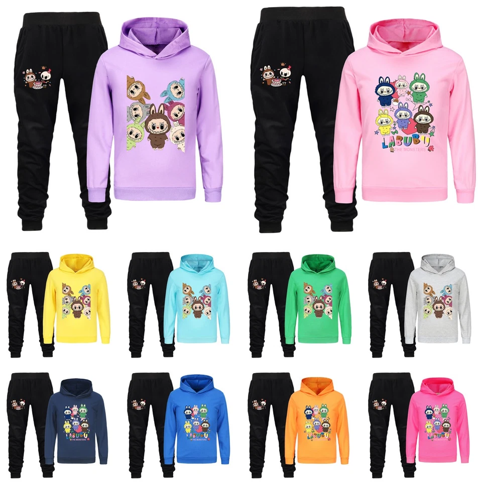 Kids Girls Boys La-bubu Hoodies Jumper Sweatshirt Tops Black Pants Outfits Sets