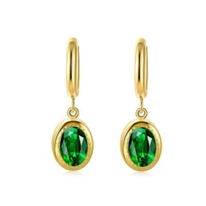 4 Color Woman 18K Gold Plated Simulated Emerald CZ Oval Earring Clip Hoop Huggie - Picture 1 of 10