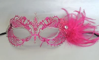 Pink & Silver Metal Venetian Masquerade Party Mask With Feathers Ribbon Tie On  - Image 1 of 3