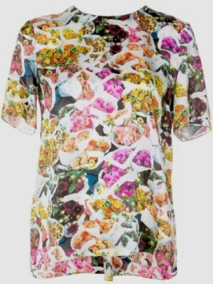 $725 Blusa Camiseta Top Adam Lippes Mujer Blanca Floral Seda Manga Corta Talla 4 Foto 1 de 4