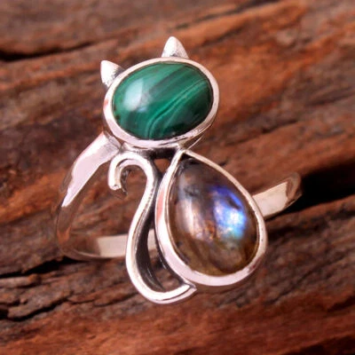 Anello Unico In Labradorite E Malachite In Argento Sterling 925 Regalo - Immagine 1 di 4