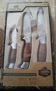 Mossy Oak 3-Pack Hunting Knives Leather Wrapped Stainless Steel Blade W/Sheaths - Picture 1 of 3