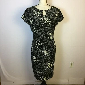 Maggy London Sheath Dress Sz 10 Womans Black White Floral 100% Silk Short Sleeve - Picture 1 of 13