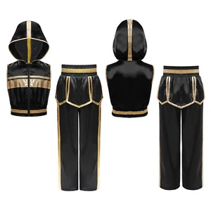Kids Boys Suit Hooded Outfits Hoodie Set Workout Sleeveless Metallic Trim Arts - Picture 1 of 23