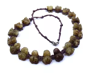 Estate Find Vintage HeTian JADE 18 Carved FROGs Green Yellow Bead 23" Necklace - Picture 1 of 12
