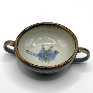 VTG Tonala Mexico Pottery Ken Edwards Stoneware Soup Bowl Two Handles Blue Bird - Picture 1 of 9