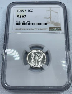 1945-S Mercury US Silver Dime, MS67 by NGC, an EXQUISITE looking coin!! - Picture 1 of 4