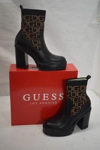 Guess Booties Faux Leather Canvas Black Brown Block Heel Slip On Womens Size 8M - Picture 1 of 11