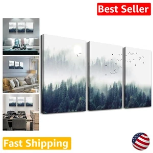 3 Piece Canvas Wall Art - Foggy Forest Trees Landscape Painting - Ready to Hang - Picture 1 of 9