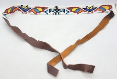 Thunderbird Seed Bead Headband Chevron  Leather Ties Native American - VINTAGE - Image 1 of 4