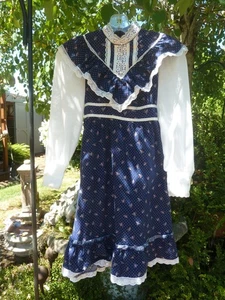 Vintages Girls GUNNE SAX 70s Calico Lace Prairie Floral Cottage Dress Sz 10 - Picture 1 of 6