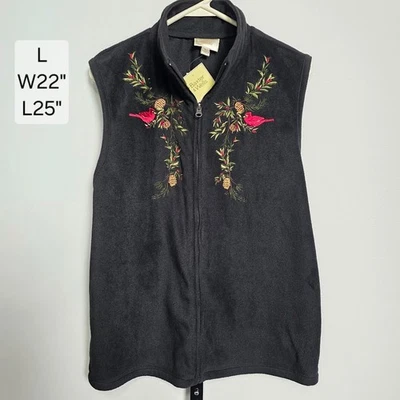 Baxter & Wells 抓绒背心女式 L 黑色红雀松果假日拉链全新带标签 — 第 1/4 张图片